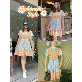 Mini Dress Boho ชุดเดรสสั้นผ้าปริ้นลายดอกไม้สไตล์โบฮีเมียน เดรสมาตาลดา เสื้อผ้าใส่ไปเที่ยว