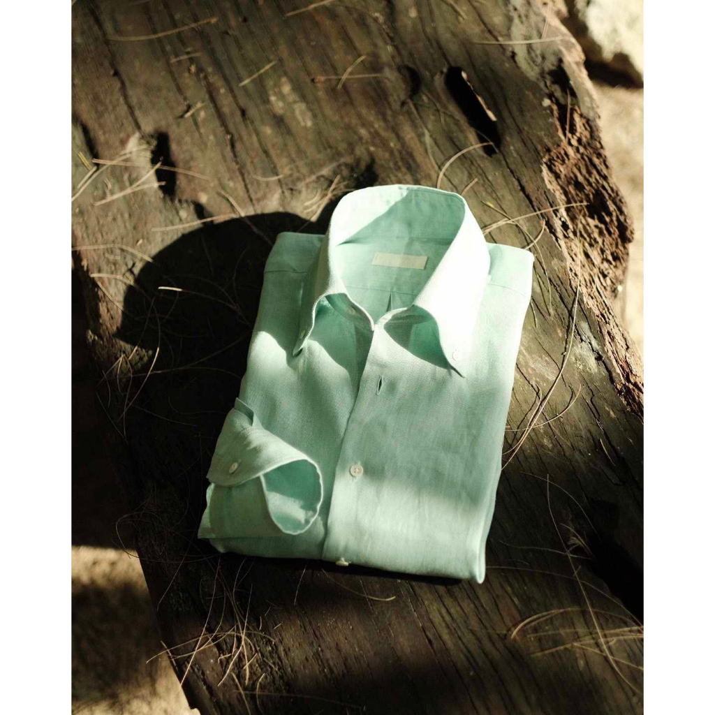 mint linen button-down collar long sleeve shirt เชิ้ตผ้าลินินสีมิ้นคอปกกระดุมแขนยาว