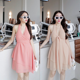 Marilin mini dress เดรสสั้นผ้าชีฟอง ดีเทลคล้องคอโชว์หลัง มี2สี By Hi-Look