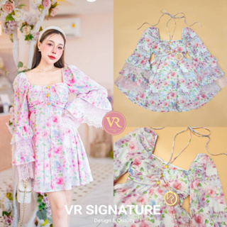 VR Dress สั้นแขนยาว ปลายแขนบานแต่งระบานชั้นๆสลับผ้าลูกไม้ ช่วงอกจับจีบแต่งเชือกผูกคอหรือผูกโบว์ด้านหน้าได้ค่ะ