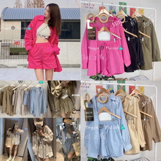 Set เสื้อเชิ้ตแขนยาวกระดุมหน้า+ กางเกงขาสั้นเอวสม็อค ไซส์ใหญ่