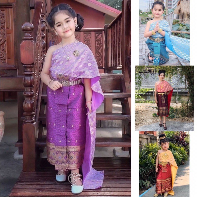 ชุดไทยเด็กผู้หญิง รุ่นสไบลูกไม้ ผ้าถุงหน้านางสำเร็จรูป(สไบ+ผ้าถุงหน้านาง)