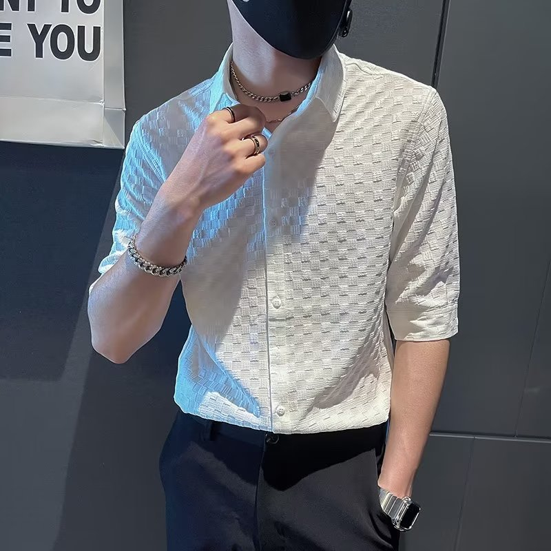 【ล้างสินค้าคงคลัง】เสื้อเชิ้ตผู้ชาย ถัก พื้นผิวตาหมากรุก ทำงาน สไตล์มินิมอล สีขาว ดำ