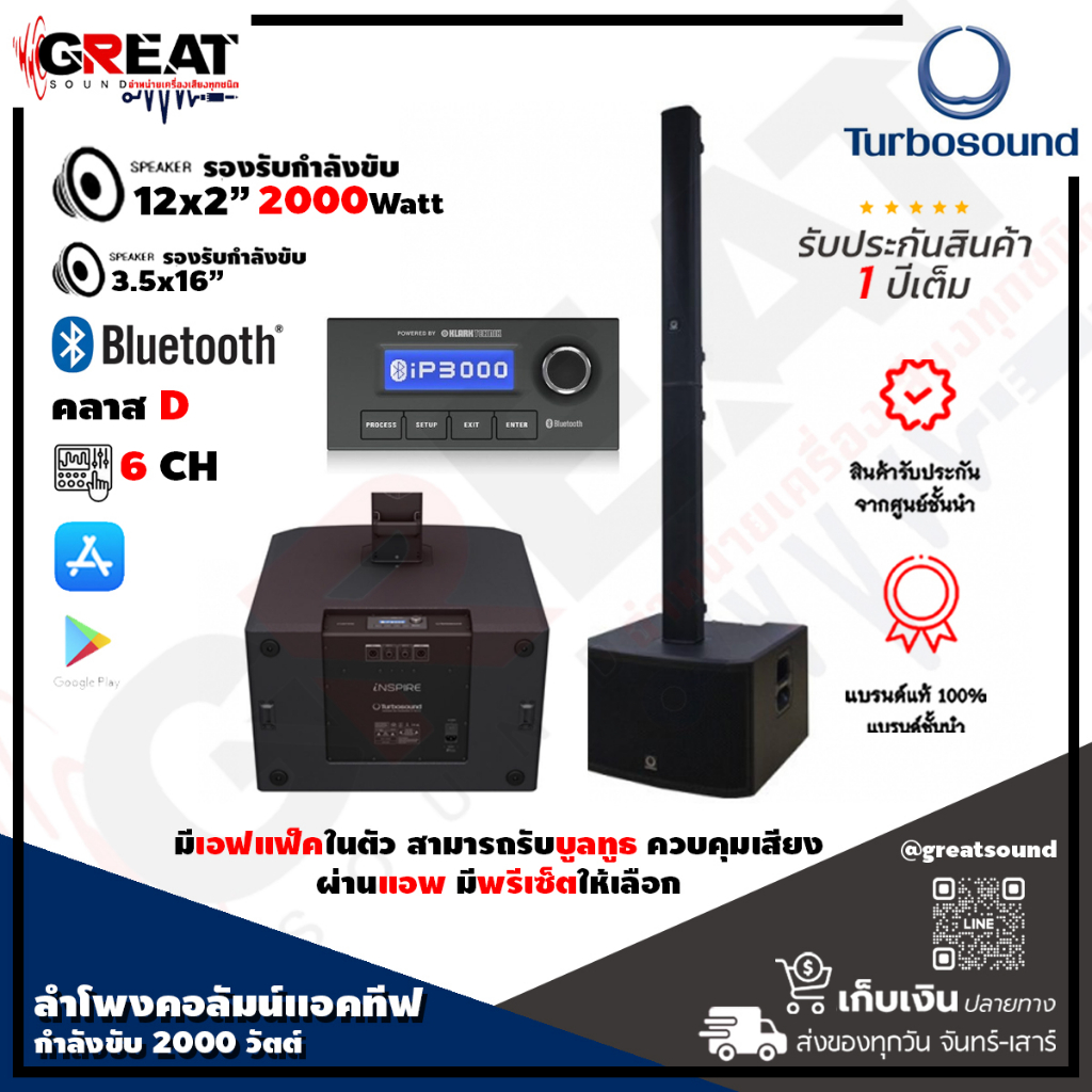 TURBOSOUND IP3000 ลำโพงคอลัมน์แอคทีฟ 3.5x16 นิ้ว ซับวูฟเฟอร์ 12x2 นิ้ว กำลังขับ 2000 วัตต์ คลาส D (ร