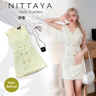 ราคาถูกที่สุด!! NITTAYA เดรสครีมผ้าทวิต แต่งกระดุมทองหน้าเรียงยาว