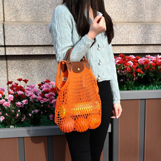 พร้อมส่ง แท้ 💯% New Longchamp ตาข่าย ใหญ่ สีส้ม LE PLIAGE FILET Top handle bag - Orange