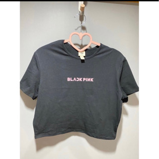 Crop Top เสื้อคร้อปสีดำ ผ้ายืด สกรีน BLACK PINK แท้ ใหม่