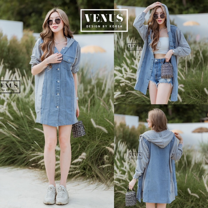 Jeans Patch Cotton Hood Long Sleeve Mini Dress