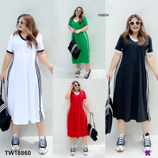 MF18860  เดรส #Big size Dress เดรสตีแถบคอวี ตีแถบข้าง 3 เส้น ผ้า cotton 100% งานแนวสปอร์ตๆเกิร์ล ใส่สบาย พร้อมส่ง  เนื้อ