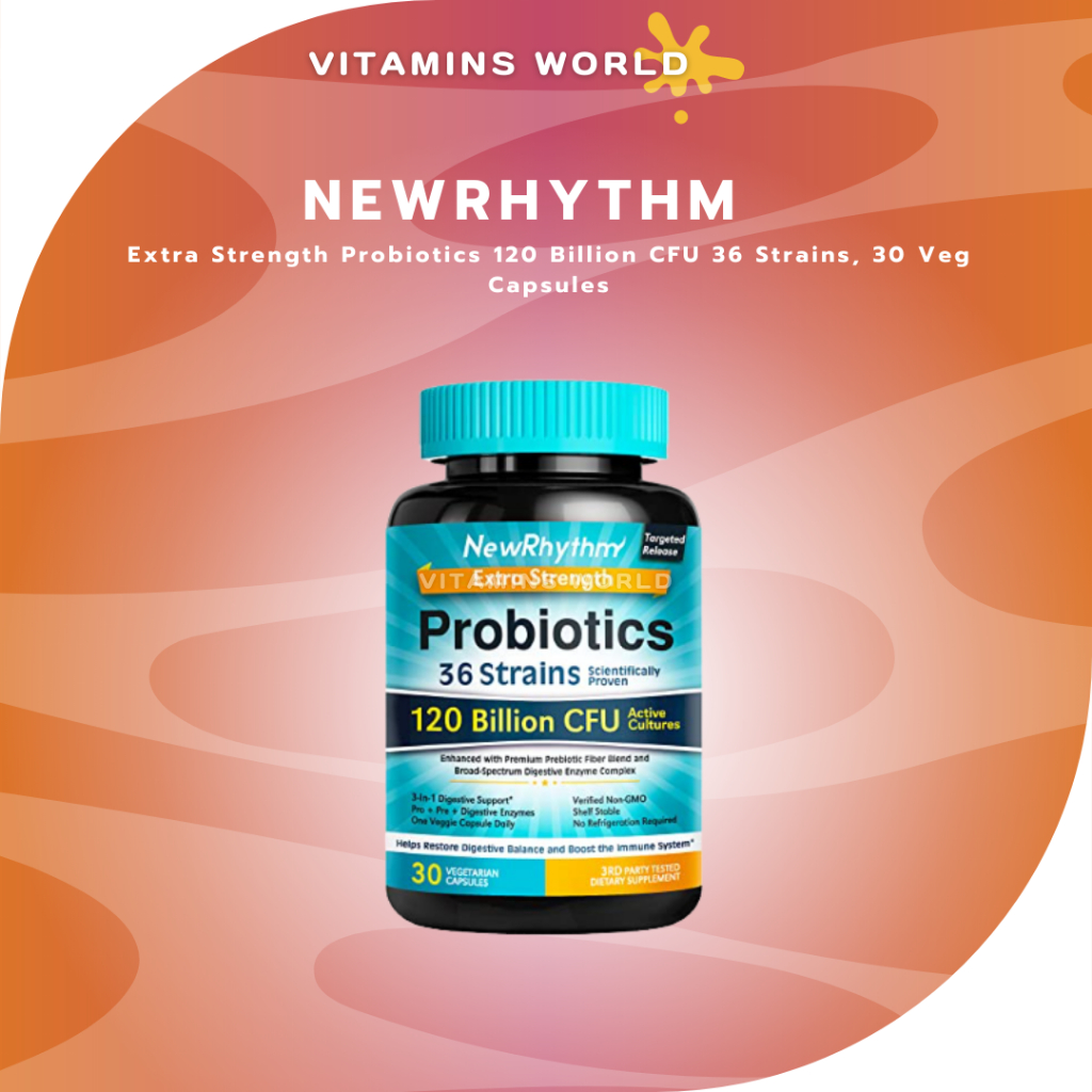 NewRhythm Extra Strength Probiotics 120 Billion CFU 36 Strains, 30 Veg Capsules (V.550)