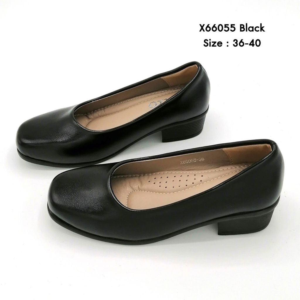 5okshop รองเท้าคัทชู ใส่ทำงาน นักเรียน ทรงหัวตัด ส้นสูง1.5นิ้ว วัสดุหนังพียู ส้นพียู ใส่สบาย พื้นนิ่ม X66055