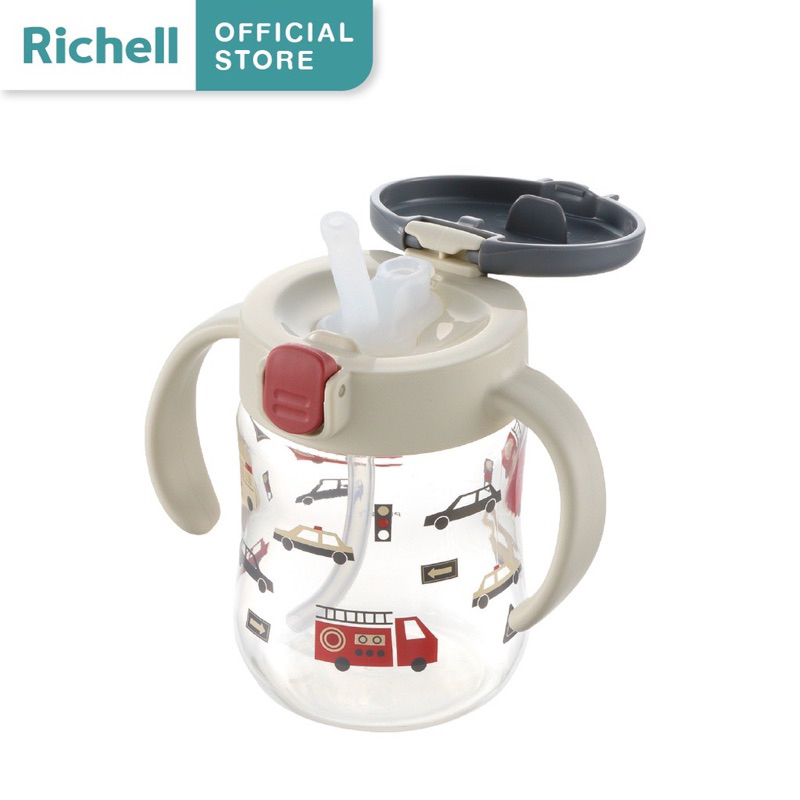 Richell(ริเชล)TLI แก้วน้ำหัดดูดหลอด Straw Mug สเต็ป 2 หลอดสุญญากาศกันสำลัก ลายรถ