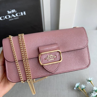 (ผ่อน0%) กระเป๋าสะพายข้าง สะพายไหล่ คลัช Coach shoulder or crossbody wear CF476 หนังแท้สีชมพู 7 นิ้ว สายโซ่สีทอง