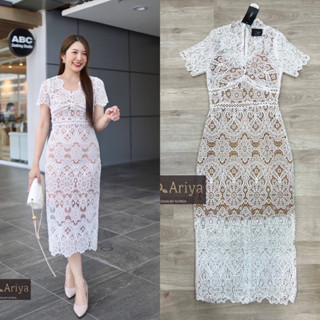 Code : M8 Ariya Dress ชุดเดรสยาวแขนสั้นผ่าหลังผ้าลูกไม้ สำหรับผู้หญิง สาวอวบ ไซส์ S-2XL