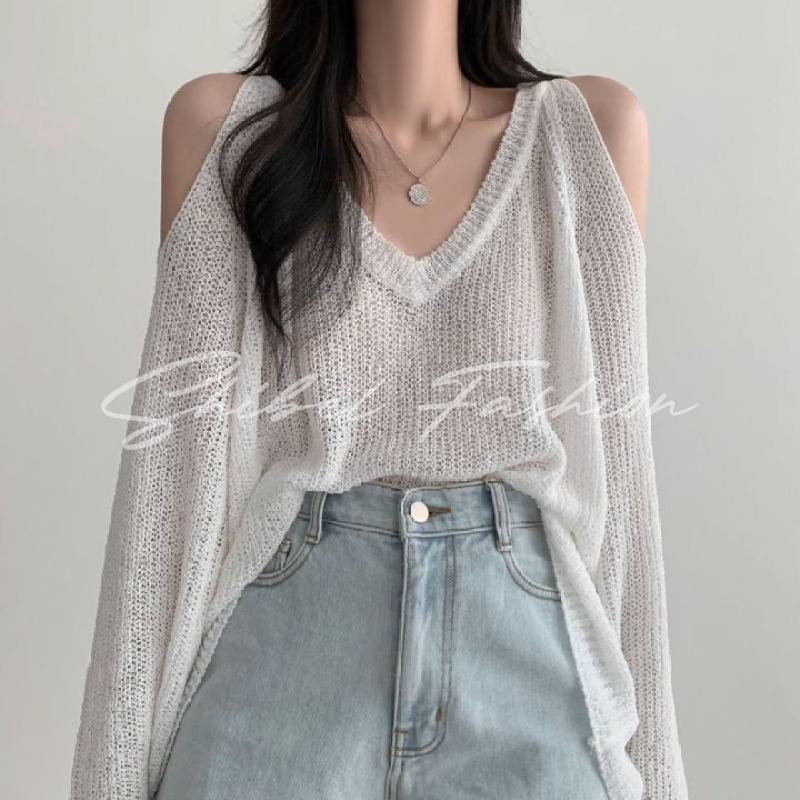 พร้อมส่ง ขนาด40-70kg เสื้อสเวตเตอร์แขนยาวสไตล์หวานและเผ็ด เสื้อเปิดไหล่ คอวี ผ้าถัก ทรงหลวม กันแดด อเนกประสงค์ สไตล์เกาหลี สําหรับผู้หญิง