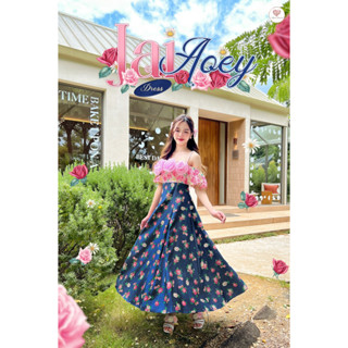 Jai Aoey Dress  น้องเดรสกุหลาบ 3D  เดรส + โบว์ ช่วงอกเป็นน้องกุหลาบดีเทลสวย กีะโปรงผ้ายีนส์พิมพ์ลาย ทรงบานสวยมาก