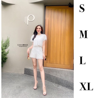 สอบถามก่อนชำระเงิน/เซต2ชิ้นผ้าลูกไม้ปักฉลุสีขาวทั้งชุดเสื้อคอกลมแขนสั้นซิปหลังยาวด้านหน้าจับจีบแต่งกระดุมทรงปล่อยๆ