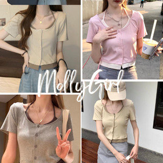 Mollygirl เสื้อครอปแขนสั้น เป้นงานเย็บติด คอลใหม่ พร้อมส่ง 757#