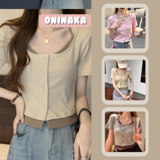 Oninaka เสื้อครอปแขนสั้น สีทูโทน น่ารัก สไตล์เกาหลี 757#