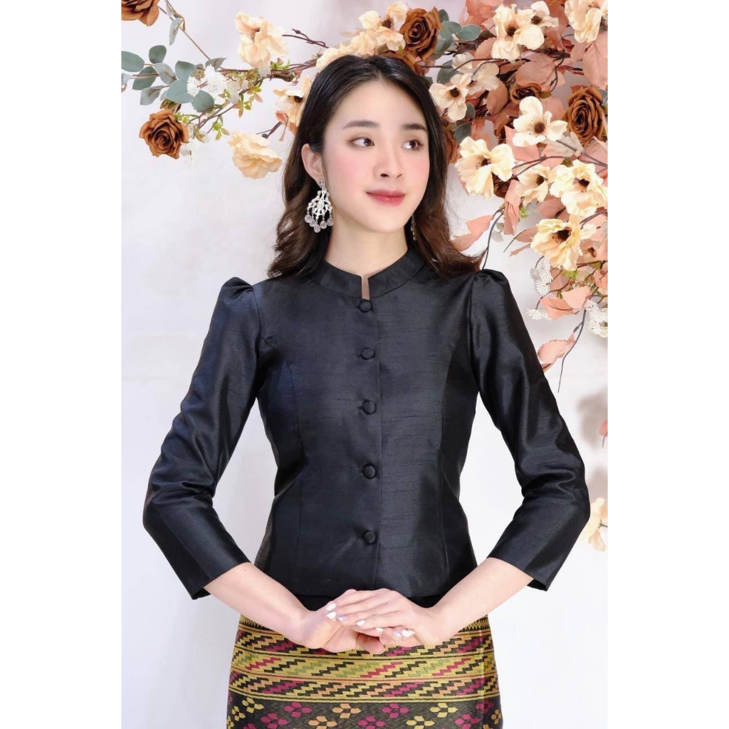 เสื้อไหมสี่เส้น (ผ้าเงา) FF1-5 อก 34-50 นิ้ว มี 10 สี เสื้อจิตรลดา ไหมลาวอัดกาวเต็มตัว สีฟ้าสวยๆ รหัส FF