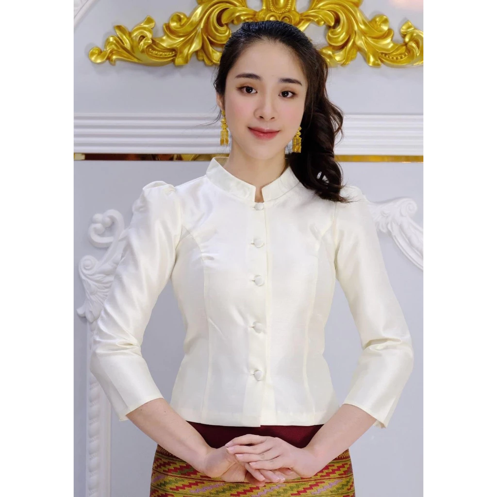 เสื้อไหมสี่เส้น (ผ้าเงา) FF1-5 อก 34-50 นิ้ว มี 16 สี เสื้อจิตรลดา ไหมลาวอัดกาวเต็มตัว สีฟ้าสวยๆ รหัส FF