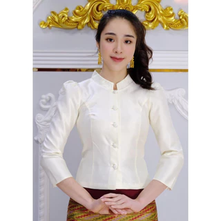 เสื้อไหมสี่เส้น (ผ้าเงา) FF1-5 อก 34-50 นิ้ว มี 16 สี เสื้อจิตรลดา ไหมลาวอัดกาวเต็มตัว สีฟ้าสวยๆ รหัส FF