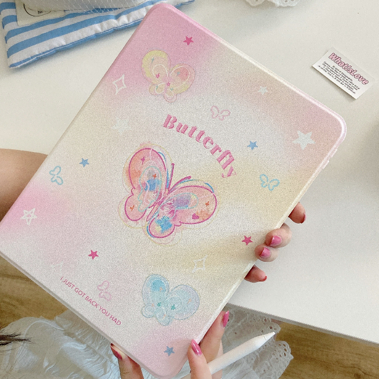 จัดส่งภายใน24ชั่วโมง เคสiPadหมุน 360° Gen9/8 ผีเสื้อสีชมพู ช่องใส่ปากกาขวา เคส ipad Air6 11 mini7