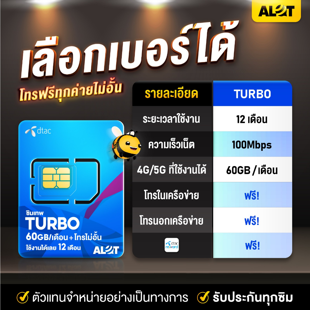 [ ส่งฟรี ] ซิมเทอร์โบ ดีแทค 🎯 SET1 เลือกเบอร์ได้ 🎯 ซิมเทพ DTAC Sim turbo รายปี เน็ต Max speed 60 โทร