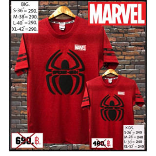 เสื้อคอกลม ผ้าCotton ลิขสิทธิ์แท้ ลายSpiderman ผู้ใหญ่-เด็ก พื้นผ้าแดงสกรีนแมงมุมสีดำ