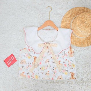 🐰 พร้อมส่ง 🐰เสื้อคอปกหยักลายกระต่าย แต่งโครเช ผ้าครัชพิมพ์ลาย ใส่สบายจ้าาา ป้าย Mintsaruda