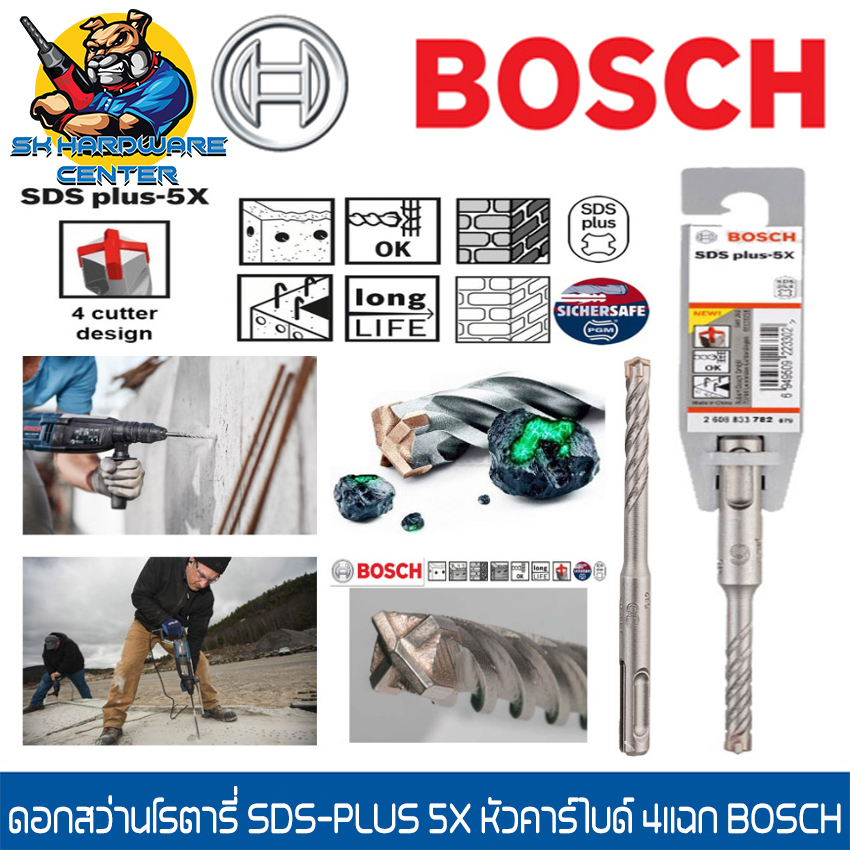 ดอกสว่านโรตารี่ 5แฉก เจาะปูนผ่านเหล็กเส้น มีขนาด/ความยาวดอก 6.5 - 12 mm BOSCH รุ่น SDS PLUS-5X