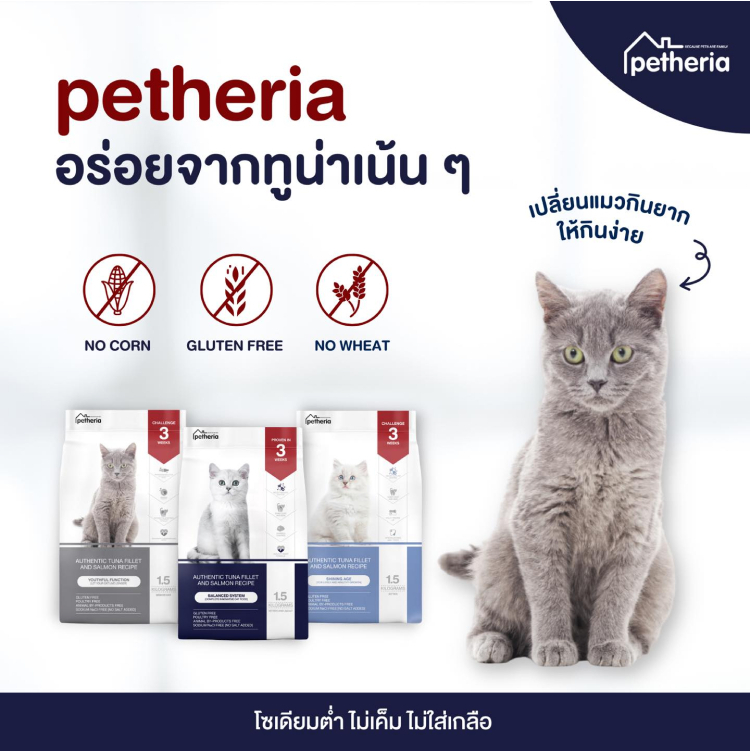 [หมดอายุ 12/2024] Petheria เพ็ทเทอเรีย อาหารแมว ลูกแมว เกรนฟรี โฮลิสติก สูตร Balance / Shiny / Youthful 1.5 กิโล