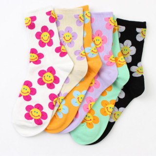 Chacha socks - ถุงเท้าข้อยาว colorful flower แบรนด์นำเข้าจากเกาหลี