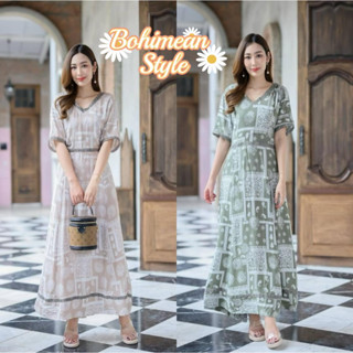 Maxi Dress Bohemian Style ชุดเดรสยาวผ้าสปันพิมพ์ลายสไตล์โบฮีเมียนใส่เที่ยวทะเล