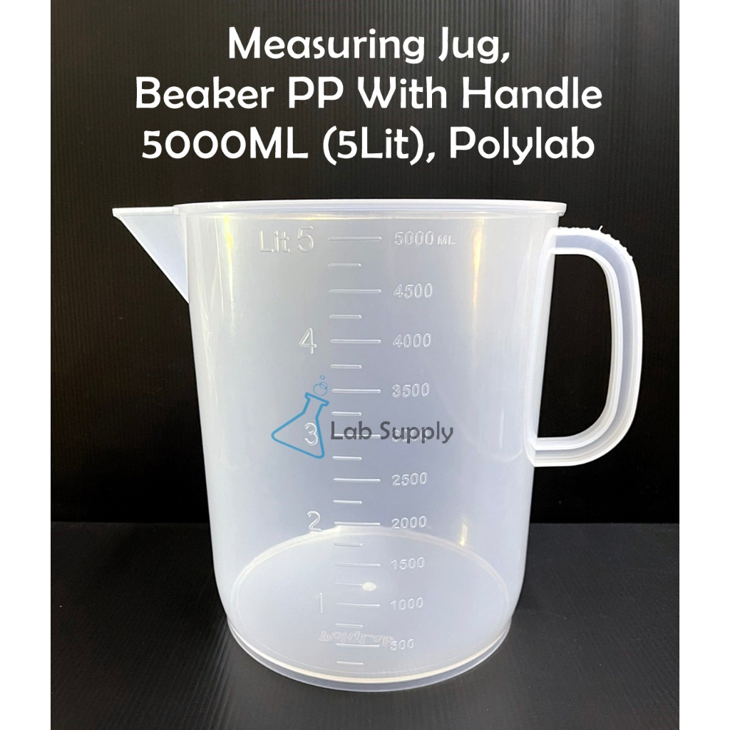 Polylab_Measuring Jug (PP) (Plastic), บีกเกอร์พลาสติก แบบมีหูจับ ขนาด 5000 ML.(5 Lit), Beaker PP Wit