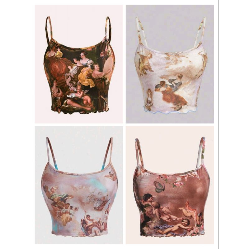 ลดล้างสต๊อก สินค้าราคาพิเศษ พร้อมส่งด่วนจากไทย เสื้อครอป สายเดี่ยว ปรับสายได้ ลายวินเทจ ลายเทวดา ศิลปะ