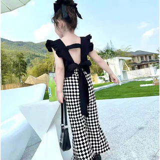 Babyonline(Y014)F2-3 (ส่งด่วน1วัน)ชุดเซ็ต2ชิ้นเสื้อแขนกุดแบบผูกโบว์โชว์หลังพร้อมกางเกงขายาวลายสก็อต ผ้าฝ้าย