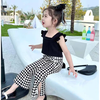 Babyonline(Y014)F2-3 (ส่งด่วน1วัน)ชุดเซ็ต2ชิ้นเสื้อแขนกุดแบบผูกโบว์โชว์หลังพร้อมกางเกงขายาวลายสก็อต ผ้าฝ้าย