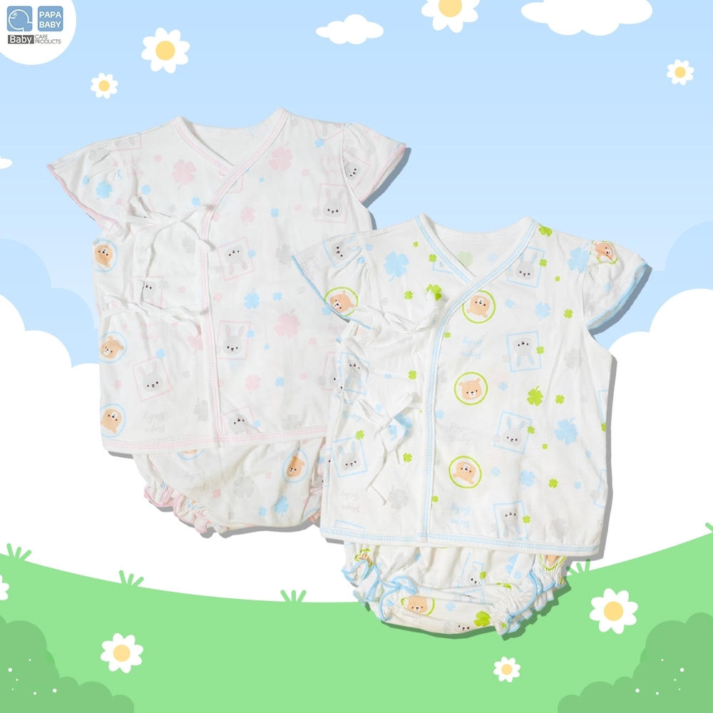 PAPA ชุดเด็กแขนระบายผูกหน้าพร้อมกางเกงใน ไซส์0-6 เดือน ทำจาก Cotton 100% นุ่ม ใส่เย็นสบาย