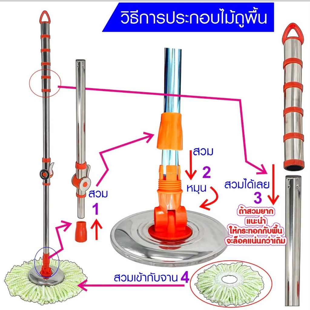 SKG ไม้ถูพื้นถังปั่น สแตนเลส SK-6633 ไม้มอปไม้ถูพื้น ถูพื้นอย่างสะดวกสบาย หมุน 360 องศา ถังปั่นสแตนเลส ถอดได้ - รูปที่ 2