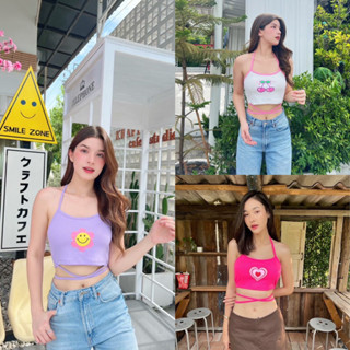 เสื้อครอปแขนกุดคล้องคอเชือกผูกเอว ลายน่ารัก แบรนด์BYKIM