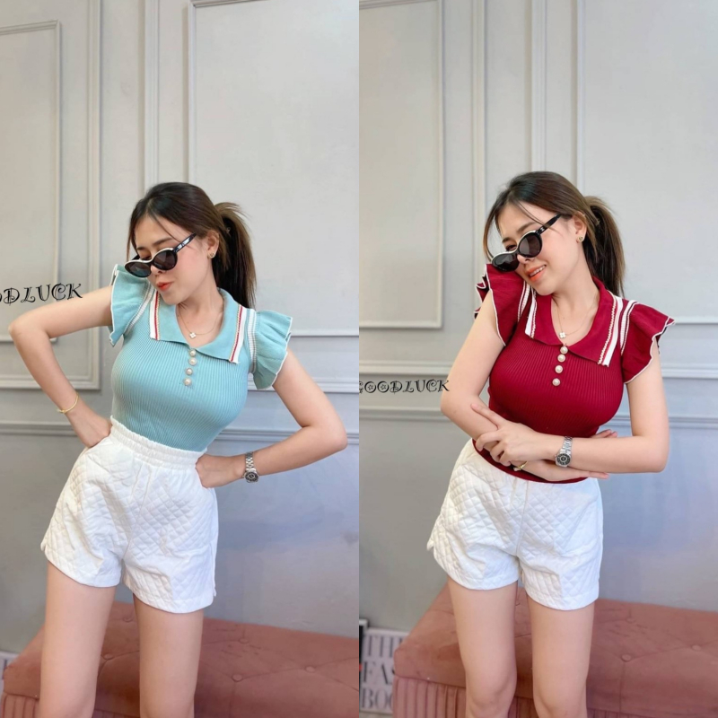 PRP x SPN เสื้อปขนกุด ผ้าไหมพรม แต่งระบายช่วงแขน คอโปโล  รุ่น ใบข้าว