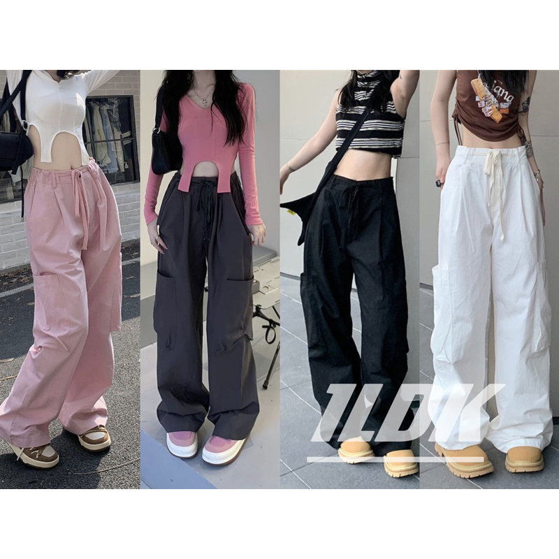 1LDK พร้อมส่ง กางเกงลำลอง ผ้าบางหลวม เอวสม็อคหลังผูกเชือก คาร์โก้(041)