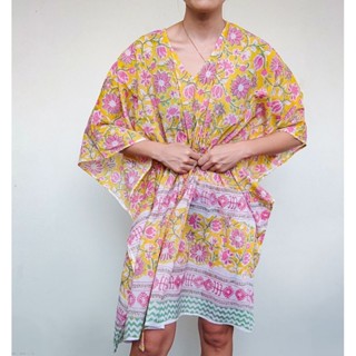 Little India Short Hand block Kaftan Yellow