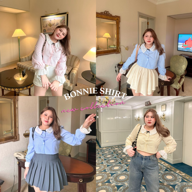 Bonnie shirt 💗 เสื้อเชิ้ตครอปแขนลูกไม้ แต่งโบว์ด้านหน้า – MerryChubbyHouse