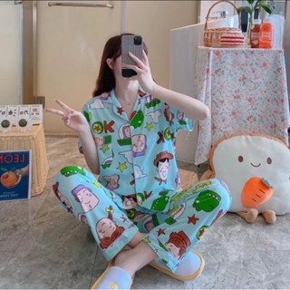 พร้อมส่ง ‼️ ชุดนอนคอตตอนพรีเมียม (เสื้อ+กางเกง) Free size 🧸