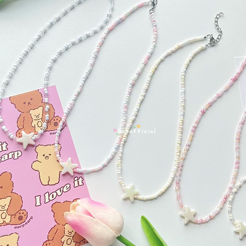 ꒰พร้อมส่ง꒱ สร้อยคอลูกปัด จี้ดาว สร้อยลูกปัดสีพาสเทล โชคเกอร์ y2k ลูกปัด 3มม.