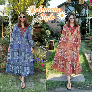 Maxi Dress Bohemian ชุดเดรสอินเดียสไตล์โบฮีเมียน เสื้อผ้าผู้หญิง เดรสสาวอวบ