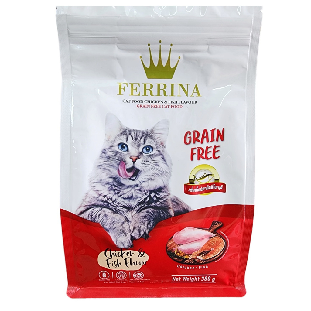 Ferrina อาหารแมว เฟอรีน่า สูตร Grain Free รสไก่และปลา คุมเค็ม โปรตีน 32% (380 กรัม)