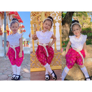 PUชุดไทยเด็ก 🎉🌟ชุดไทยโจงกระเบนน่ารักๆๆ ใส่ได้หลายโอกาสสวยๆ🧸เสื้อแขนกุดแบบสวมหัว มีกระดุมห่วงด้านหลัง.. ผ้าคอตตอลฉลุ นุ่ม